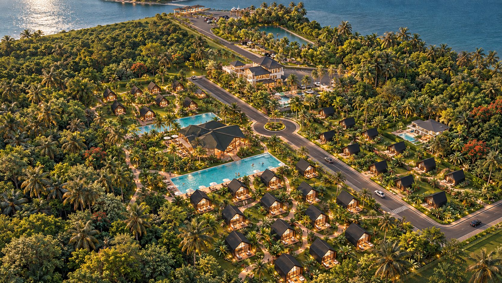 Bungalows entre palmeras al anochecer